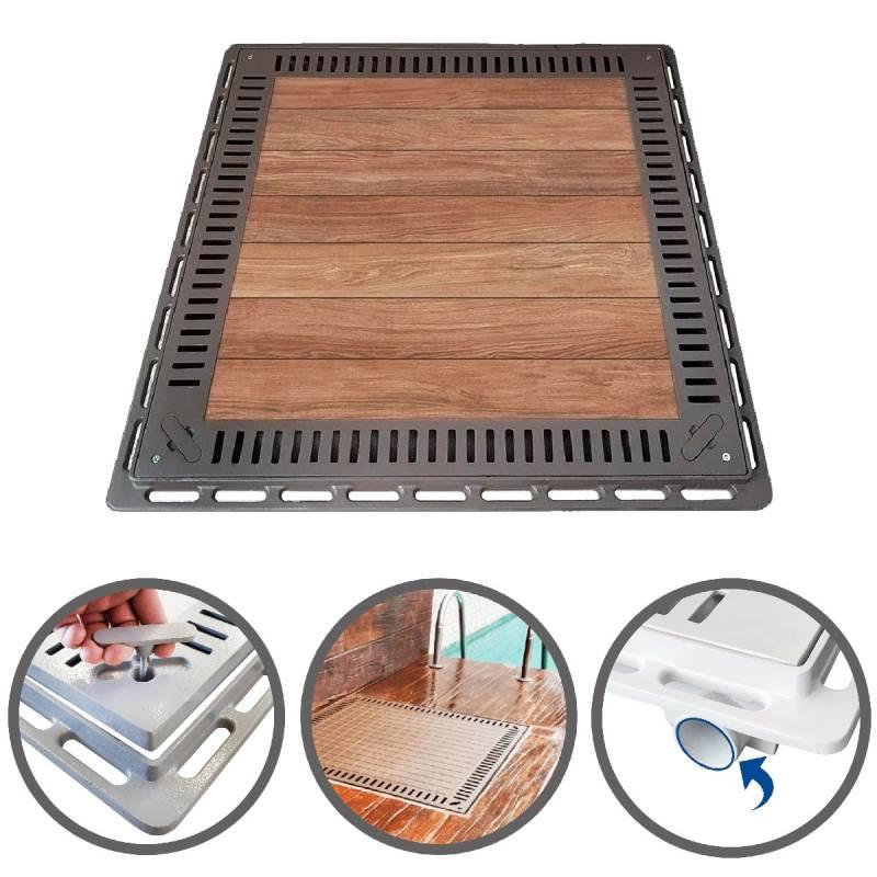 Tampão 80 x 80 CM Rebaixado com Grelha para Casa de Máquinas de Piscinas 3084 Marron Fosco GDA