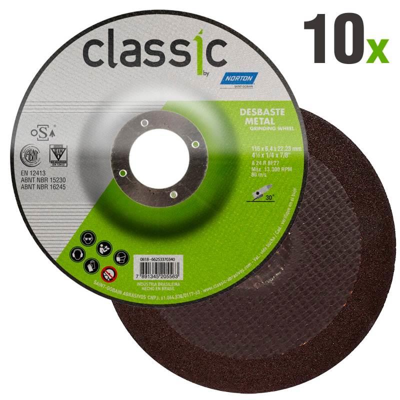 Disco de Desbaste Metal 4.1/2 POL x 6.4 MM Furo 7/8 POL Classic Kit 10 Peças NORTON