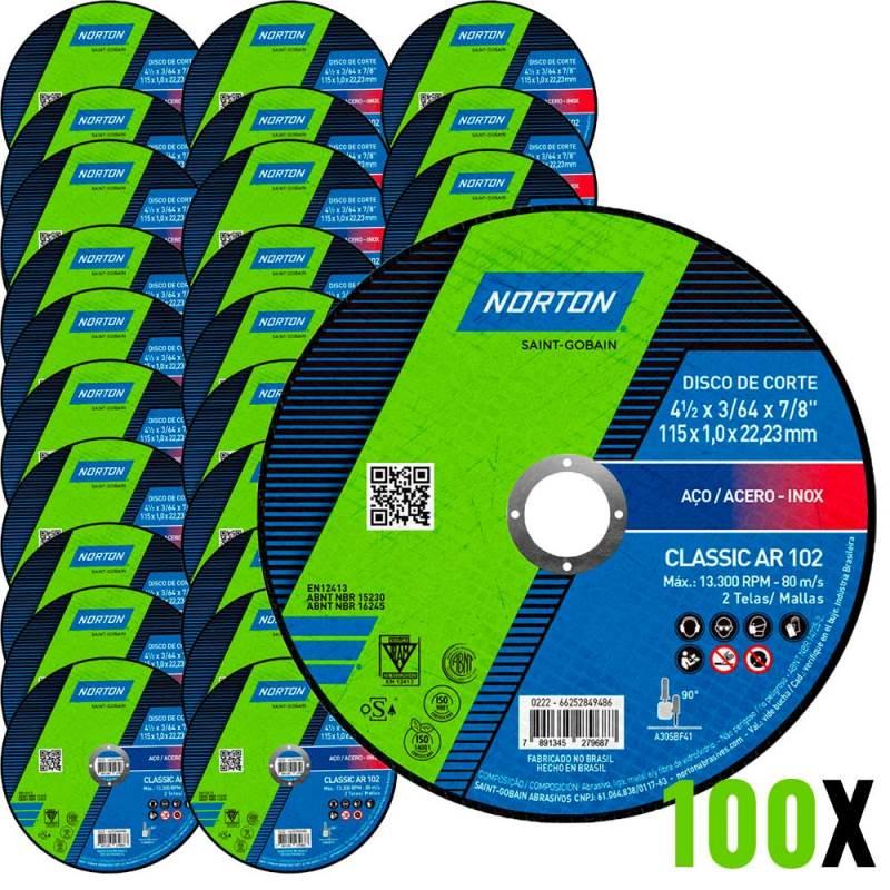 Kit Discos de Corte Fino para Inox 100 Unidades Classic NORTON