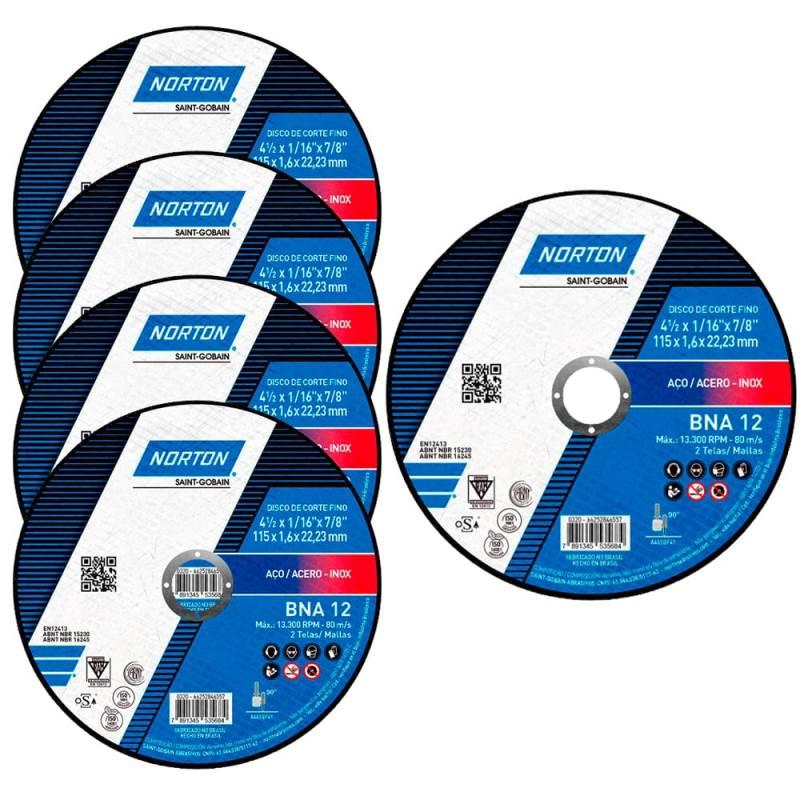 Disco de Corte Inox 4.1/2 Pol x 1.66MM Kit Com 5 Unidades BNA 12 NORTON