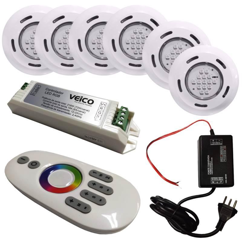 Kit Iluminação para Piscinas com 6 Refletores. Controlador RGB TouchScreen LED e Fonte FLUIDRA