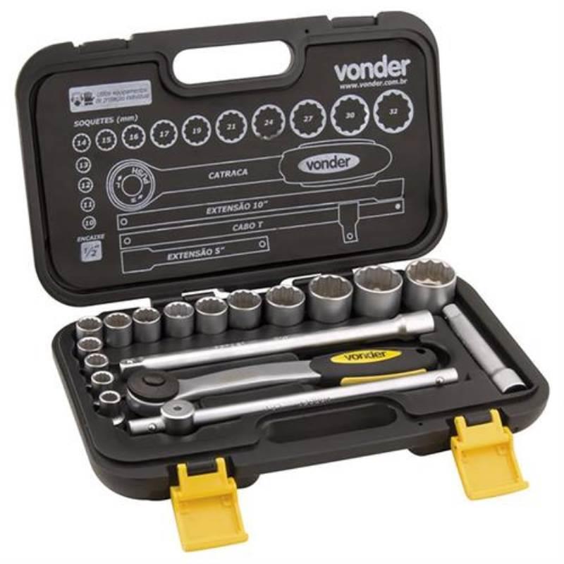 Soquete Jogo 10 à 32 MM Encaixe 1/2 POL Estriado c/ 18 Peças VONDER