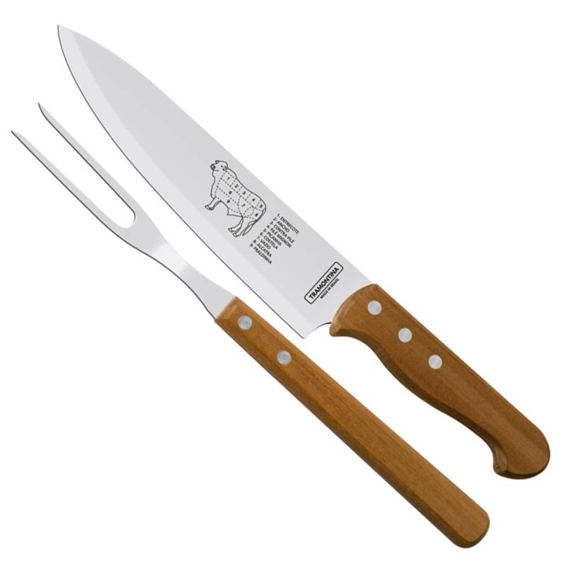 Kit Churrasco 2 Peças com Faca e Garfo Trinchante Dynamic Cabo de Madeira TRAMONTINA