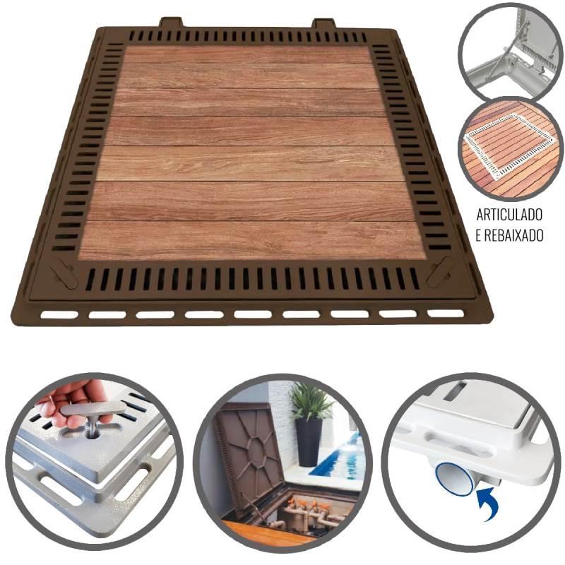 Tampão 80 x 80 CM Rebaixado Articulado c/ Grelha Casa de Máquinas de Piscinas 3181 Marrom Fosco GDA