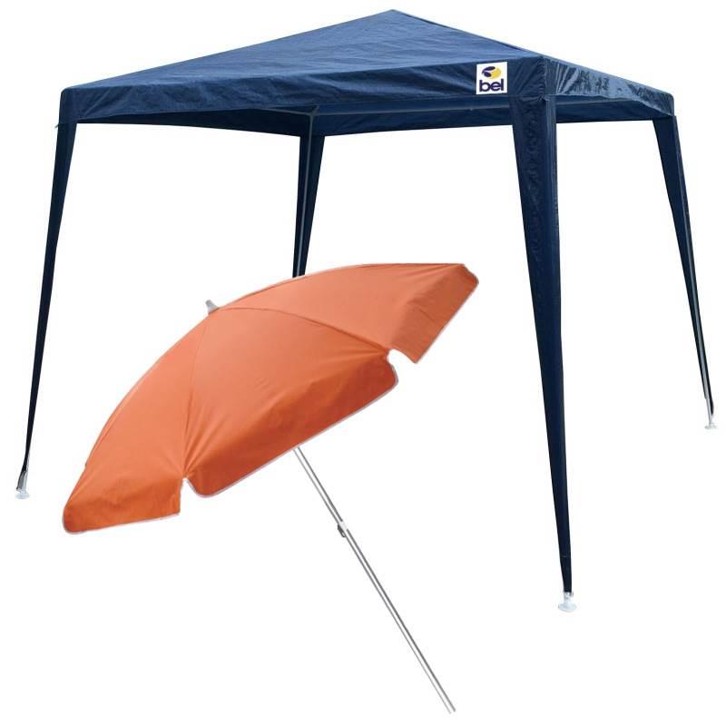 Tenda Gazebo Azul 3X3 M Desmontável + Guarda Sol 1.6 M (Diâmetro) Alumínio BEL