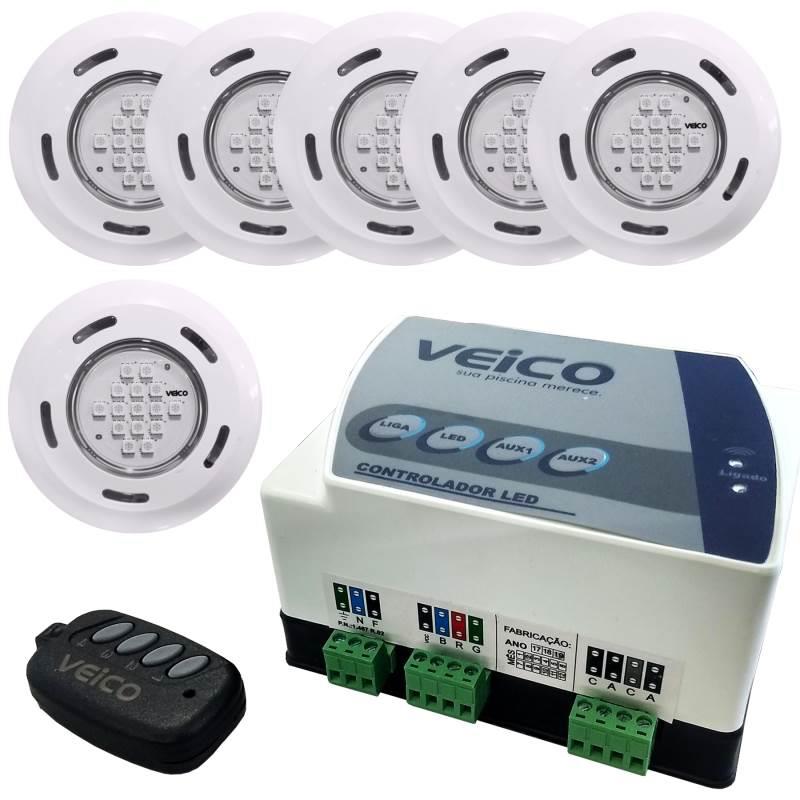Kit 6 Refletores LED + Painel Controlador 24W 2 Saídas Auxiliares para Piscina VEICO FLUIDRA