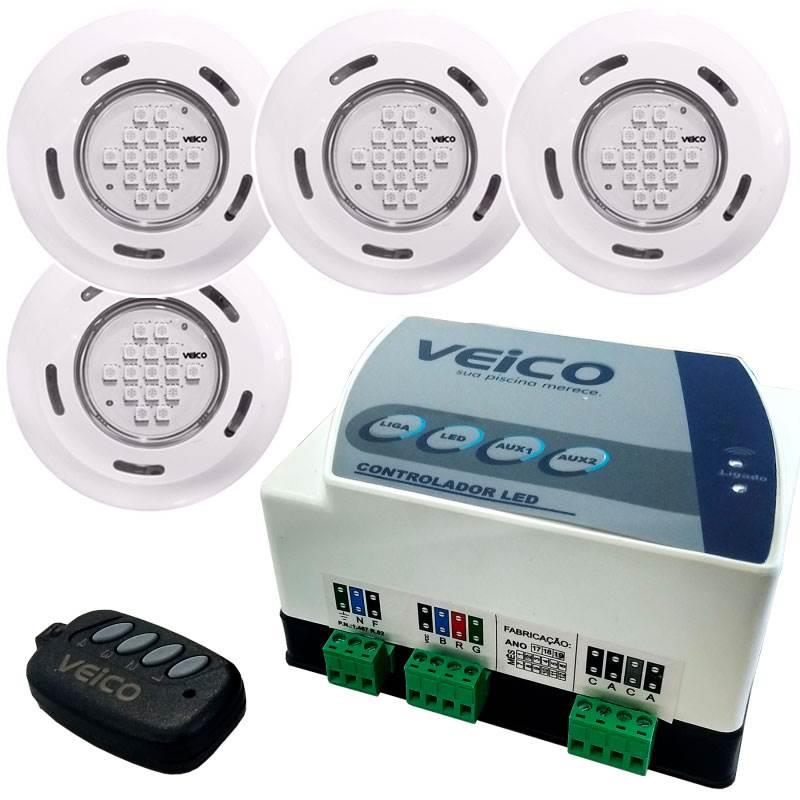 Kit 4 Refletores LED + Painel Controlador 24W 2 Saídas Auxiliares para Piscina VEICO FLUIDRA