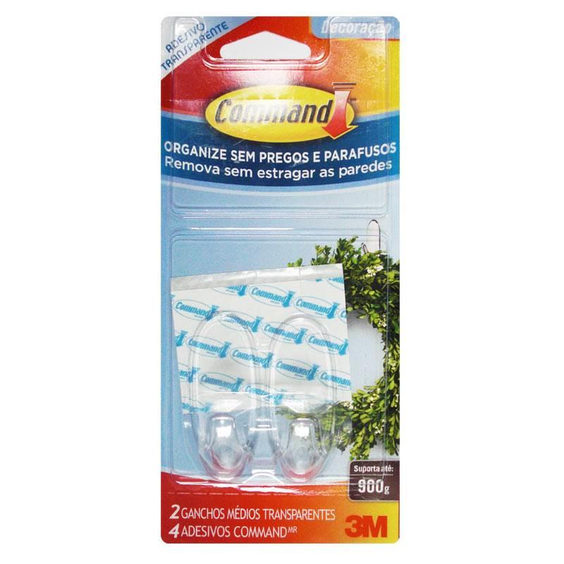 Gancho Plástico Transparente Médio p/ até 900gr c/ 4 Adesivos 3M