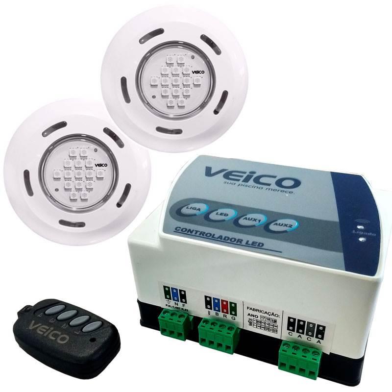 Kit 2 Refletores LED + Painel Controlador 24W 2 Saídas Auxiliares para Piscina VEICO FLUIDRA