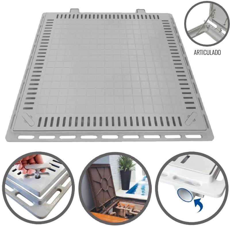 Tampão 80 x 80 CM Articulado com Grelha para Casa de Máquinas de Piscinas 3177 Cinza GDA