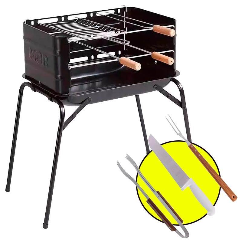 Churrasqueira para Carvão Montana MOR + Kit Churrasco 3 Peças HAUSKRAFT