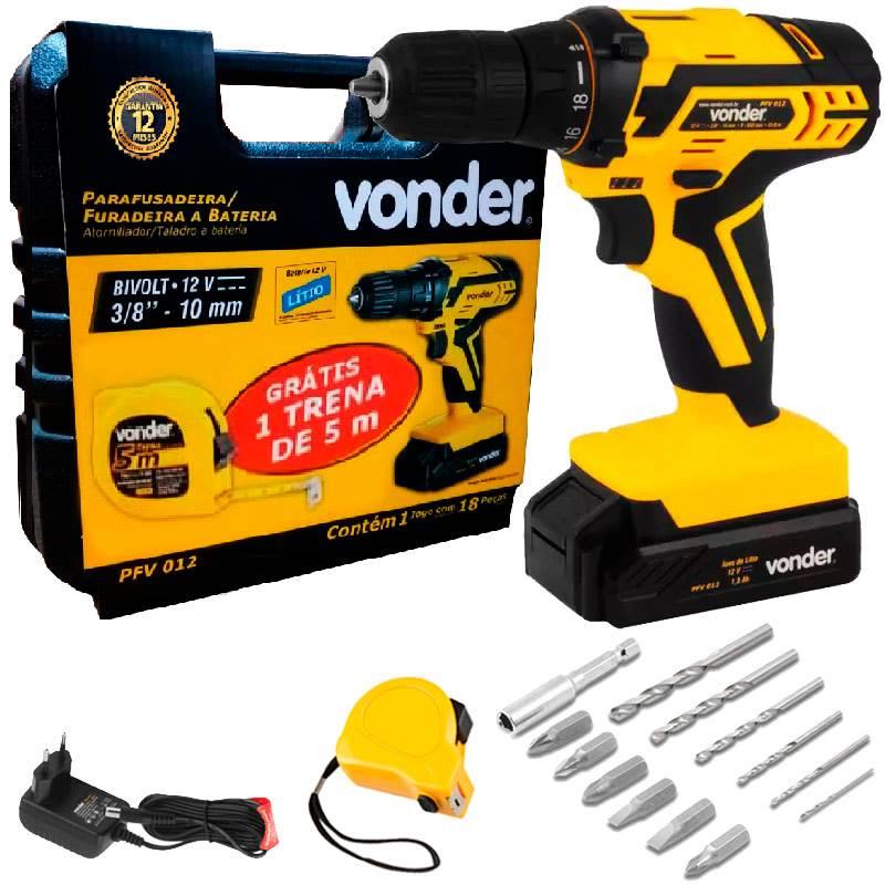 Furadeira e Parafusadeira à Bateria 12V BIVOLT PFV 012 c/ Kit Brocas Bits e Trena VONDER