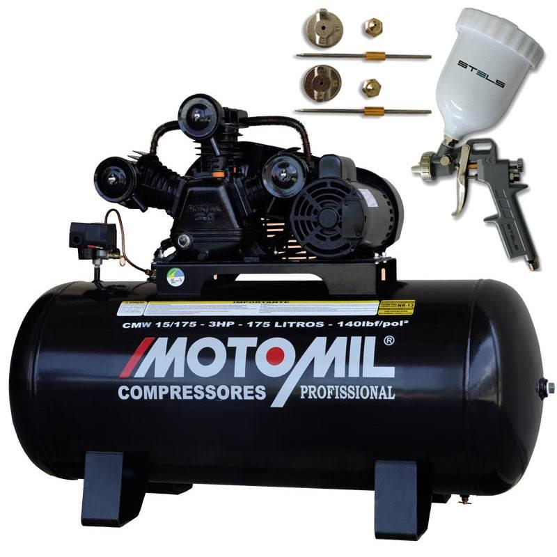 Compressor 15 Pés 3 HP 175L 3 Pistões CMW Motor Mono MOTOMIL + Pistola de Pintura