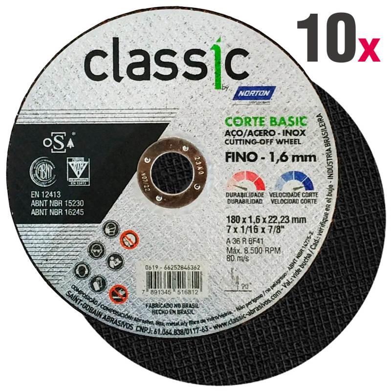Disco de Corte 7 POL x 1.6 MM Aço Inox Furo 7/8 POL Classic Corte Basic Kit 10 Peças NORTON