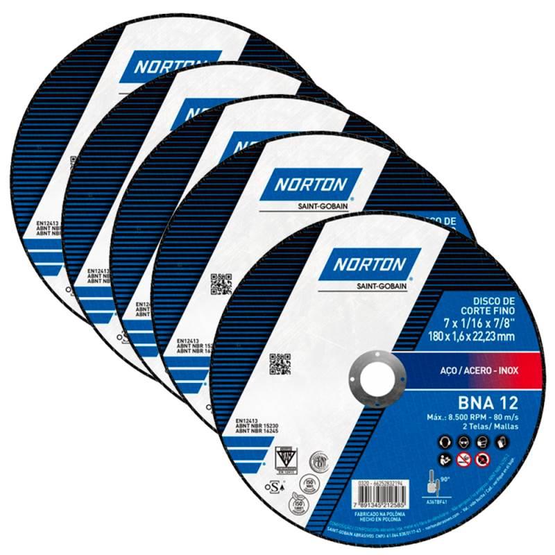Disco de Corte Inox 7 POL x 1.6 MM Furo 7/8 BNA 12 Kit com 5 Peças NORTON