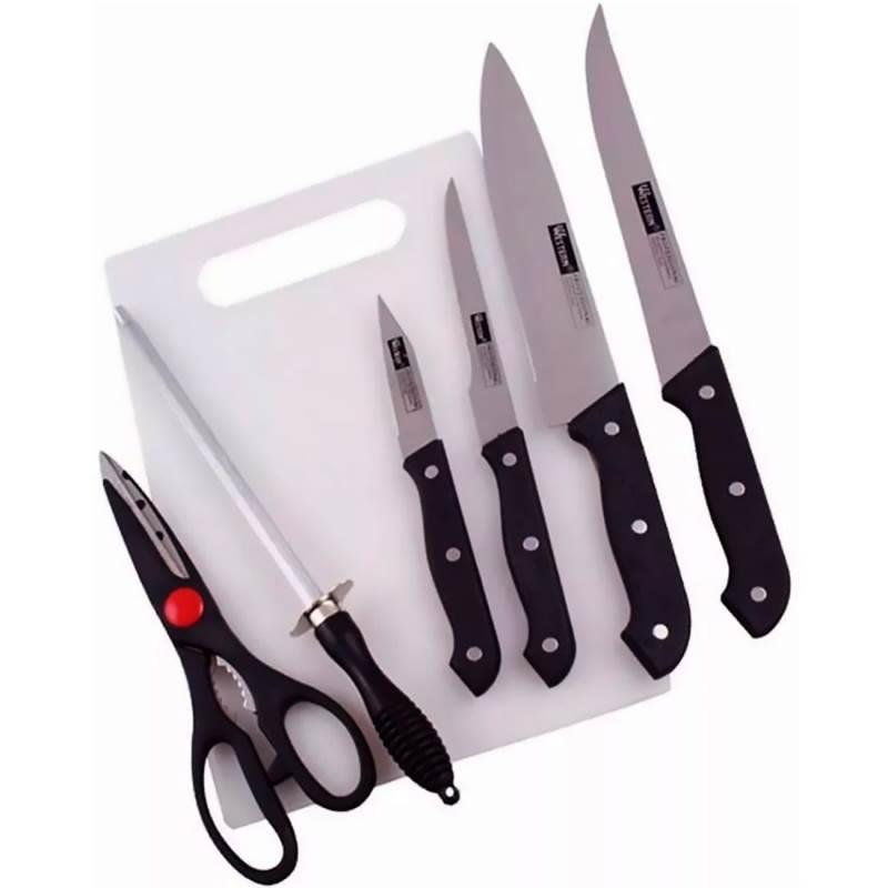 Kit de Facas para Cozinha com Tesoura. Chaira. Tábua e Facas 7 Peças Western