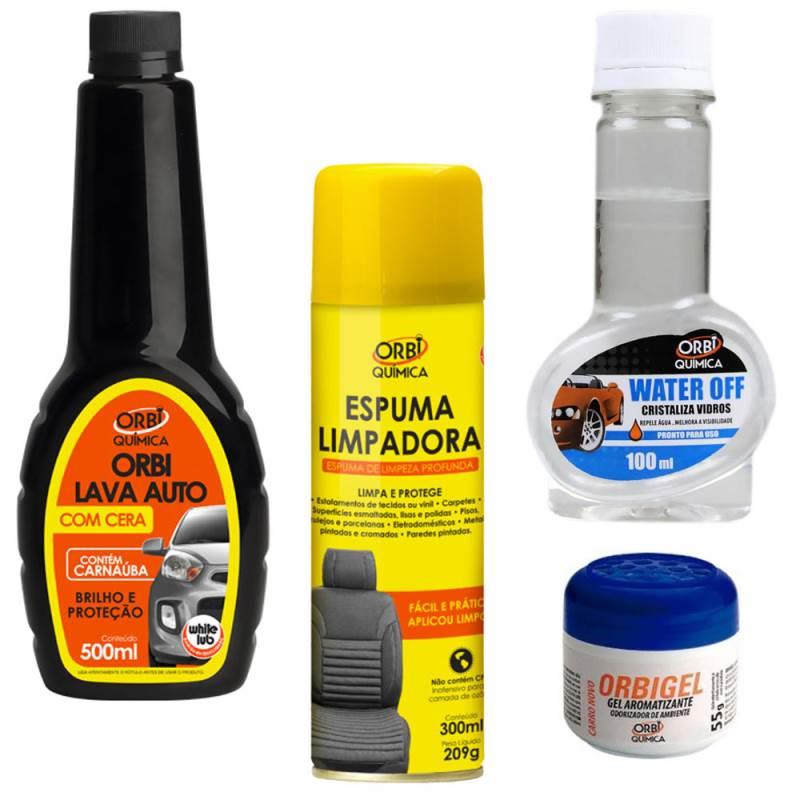 Kit para Autos c/ Lava Autos c/ Cera + Espuma Limpadora + Cristalizador de Vidros + Brinde ORBI