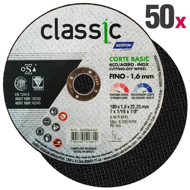Disco de Corte 7 POL x 1.6 MM Aço Inox Furo 7/8 POL Classic Corte Basic Kit 50 Peças NORTON