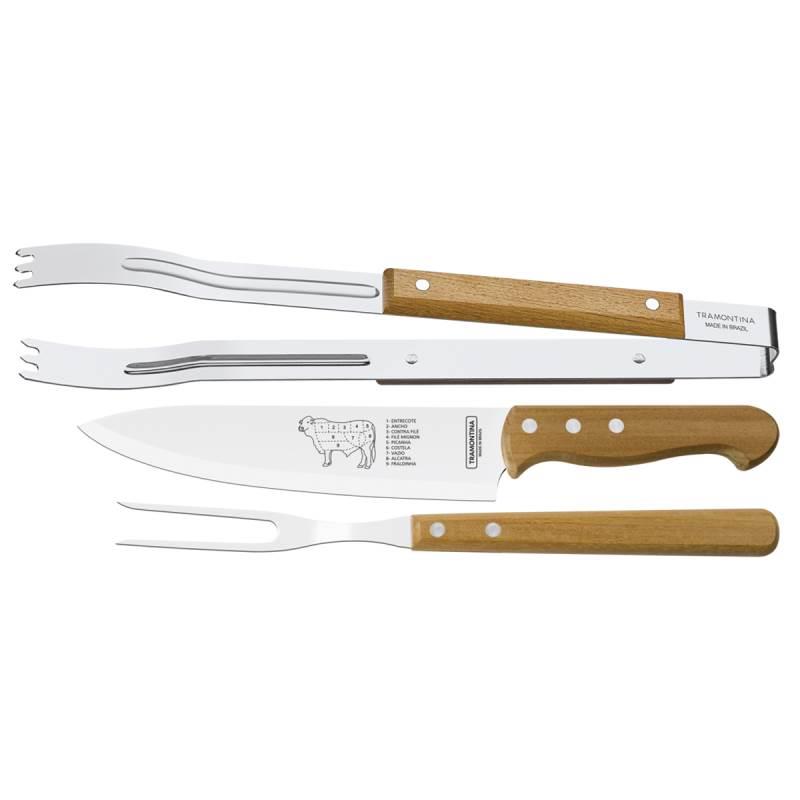 Kit Churrasco 3 Peças Lâminas Aço Inox e Cabo Madeira 22399075 TRAMONTINA