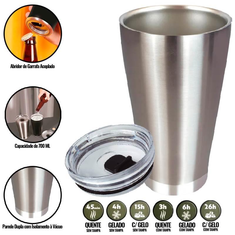 Copo Térmico de Cerveja Inox 700 ML c/ Tampa e Abridor - Conserva até 26h - MOR