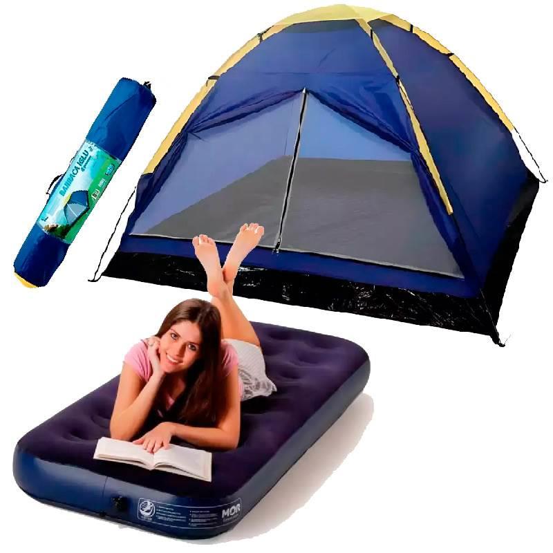 Barraca Camping Iglu para até 4 Pessoas IMPORTWAY + Colchão Inflável Solteiro Inflador Embutido MOR