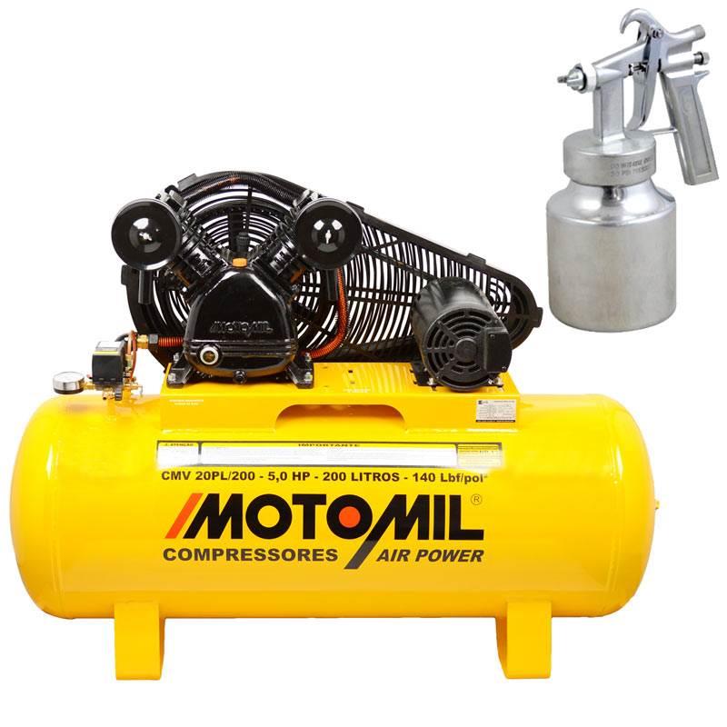 Compressor 20 Pés 200 Litros 2 Pistões 5HP Trifásico MOTOMIL + Pistola de Pintura
